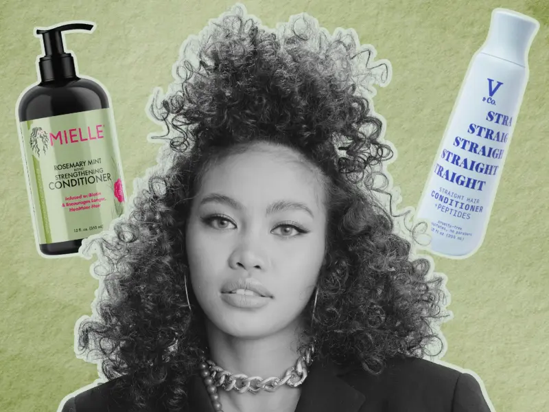 African American Girl with curly hair looking at the camera and in background she is choosing the right conditioner for her hair type