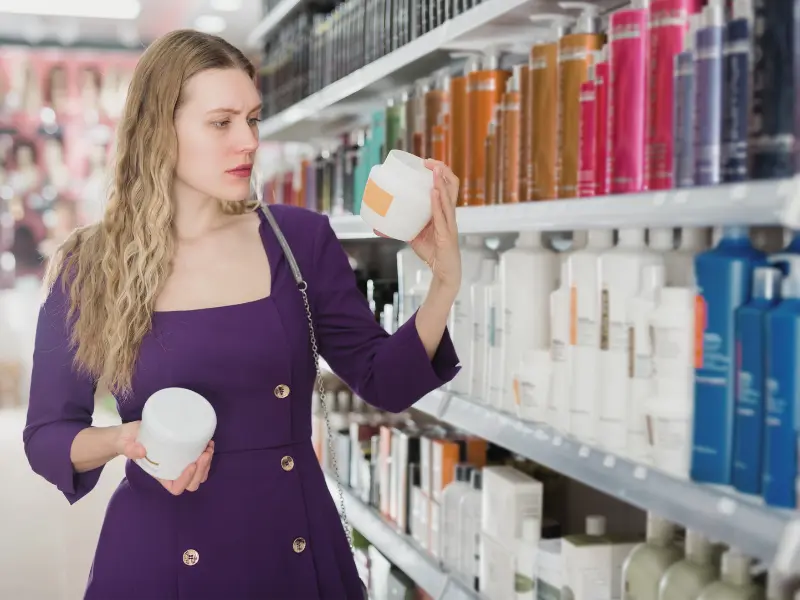 Woman choosing the right conditioner at the store