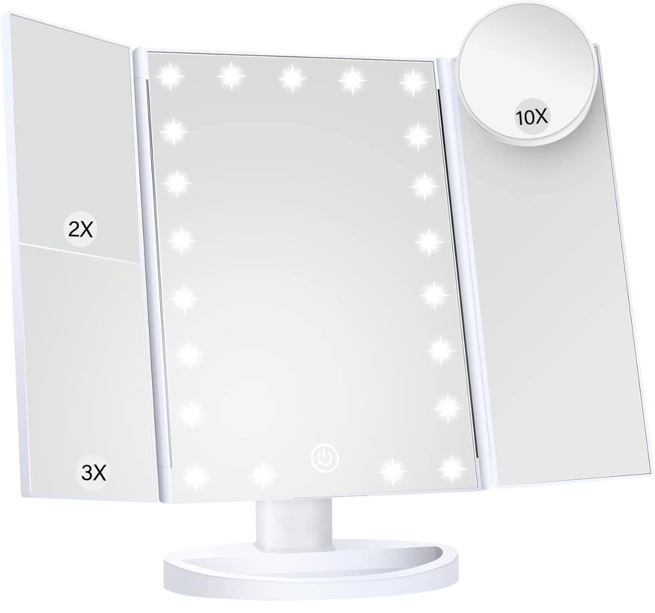 Makeup Mirror Vanity Mirror with Lights, 2X 3X 10X Magnification, Lighted Makeup Mirror, Touch Control, Trifold Makeup Mirror, Dual Power Supply, Portable LED Makeup Mirror, Women Gift (White)